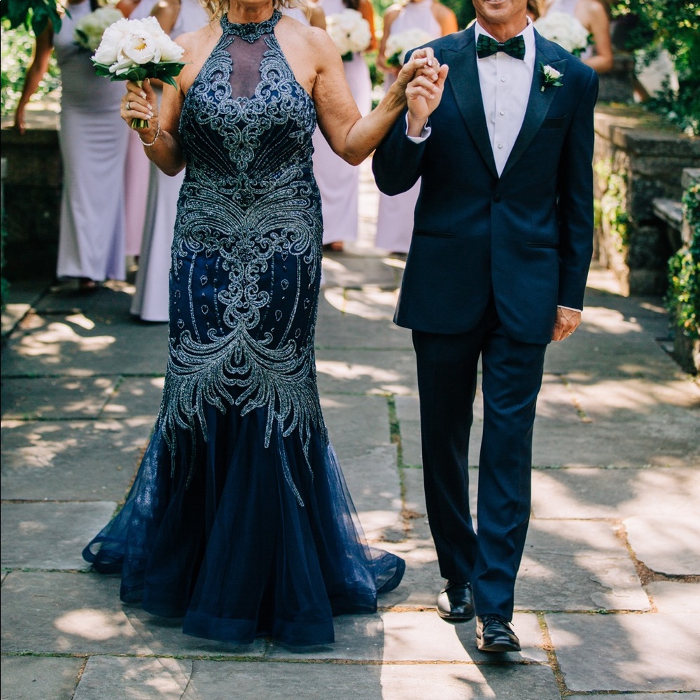 Feriani couture navy beaded halter gown